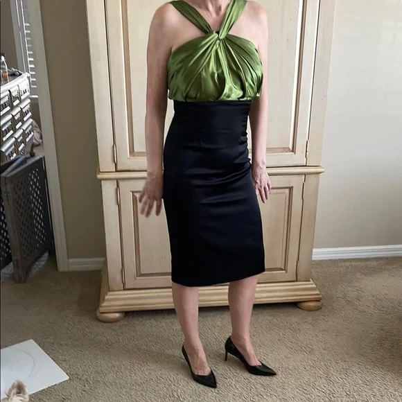 Green and Black Knee-Length Pencil Skirt High Waist Ruched Top